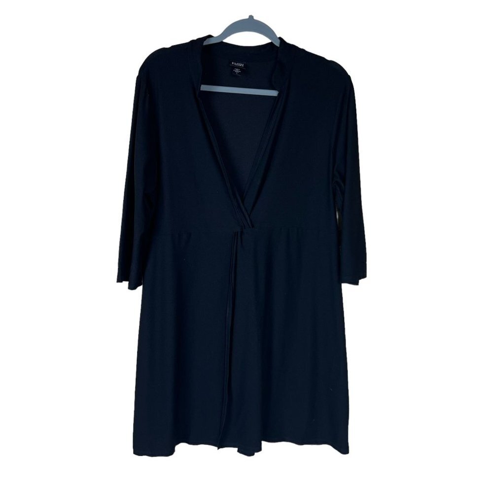 Eileen Fisher Black 3/4‎ Sleeve Knit Tie Front Dress Size L Career Wear Office